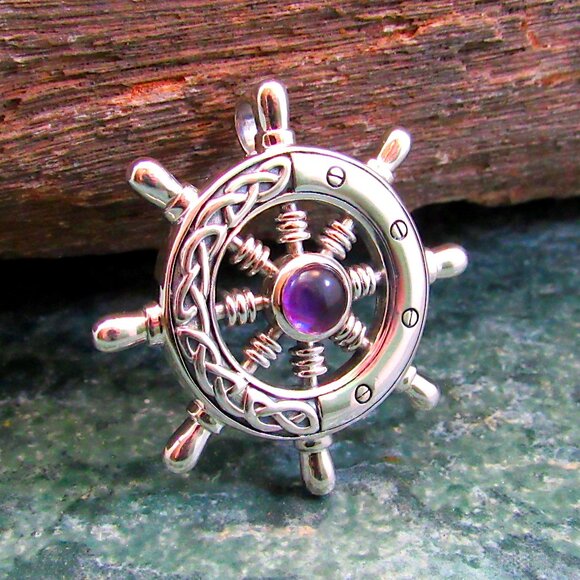 Solid 925 Sterling Silver Celtic Ship Wheel Helm Nautical Pendant w/ Gemstone - Picture 1 of 13